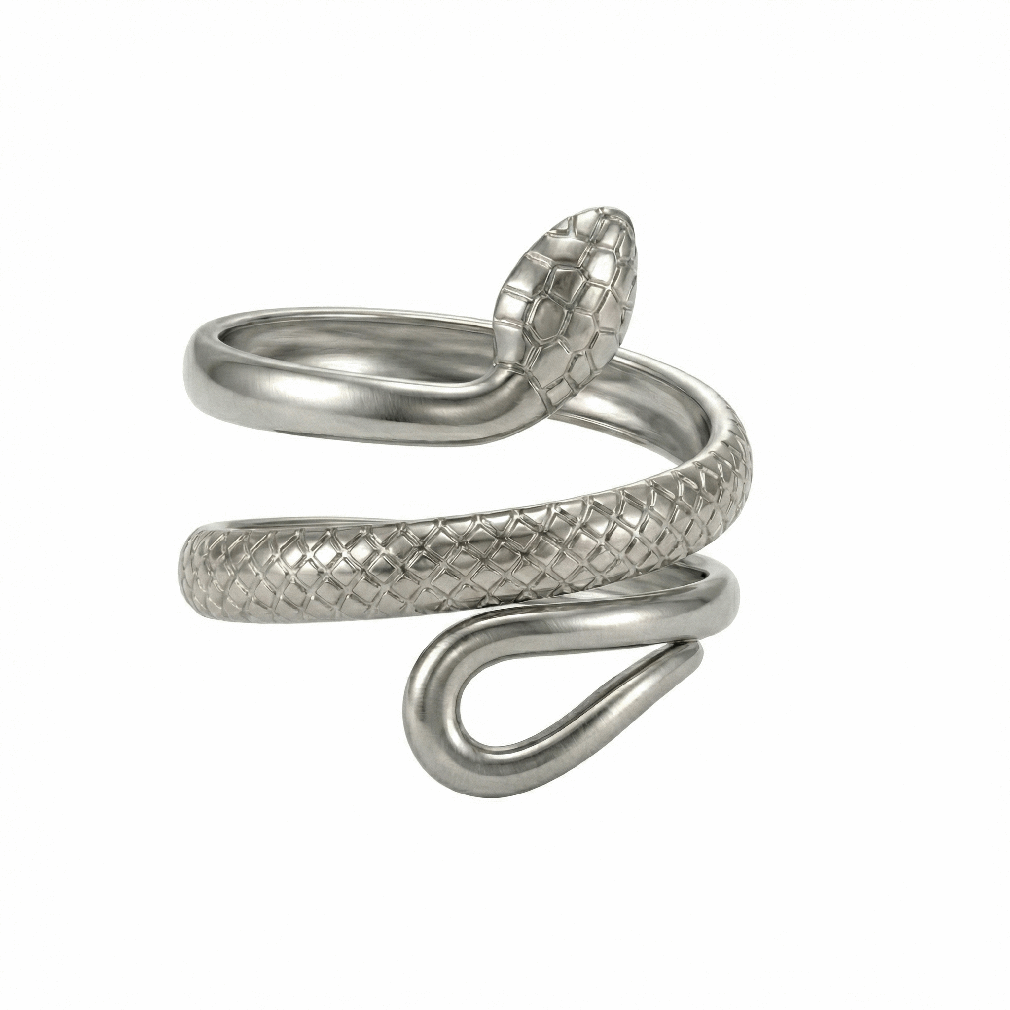 Bague serpent ajustable en acier inoxydable couleur acier texturé, design symbolique contemporain, hauteur 2,1 cm, usage quotidien